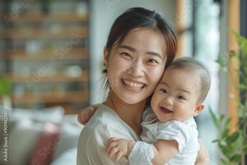 Joyful Mother Holding Happy Baby smile at home
