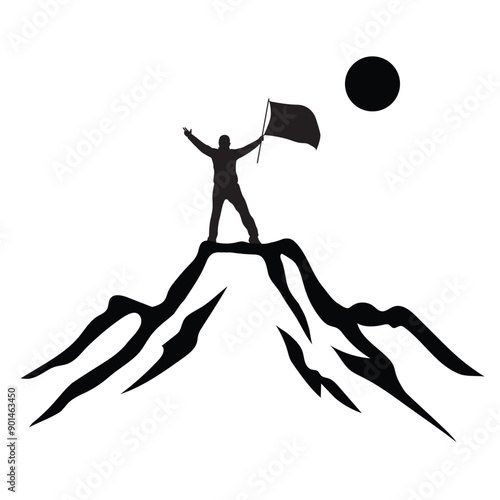 silhouette of mountain climber. Climbers stand on cliffs and raise flags vector illustration.