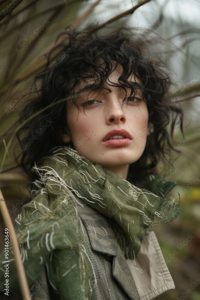 A woman with curly hair is wearing a green scarf and standing in a field A woman with curly hair is wearing a green scarf and standing in a field