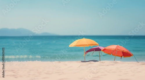 Colorful Beach Umbrellas on Sandy Shore