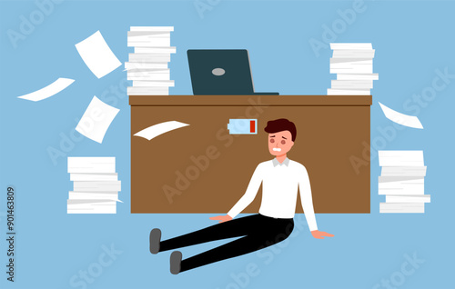 Businessman feeling tired and low battery. Overworked businessman character.