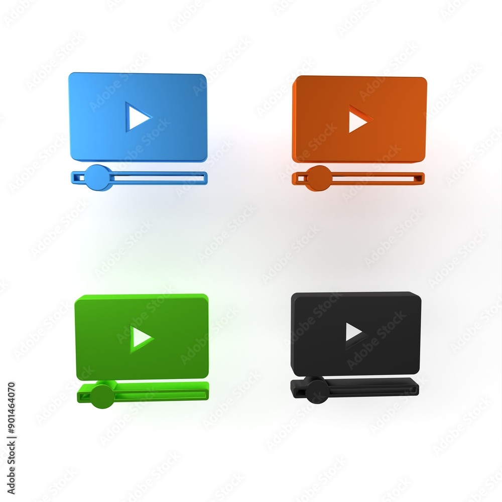 Colorful Online play video icon isolated on white background. Film strip with play sign. Minimalism concept. 3D render illustration Colorful Online play video icon isolated on white background. Film strip with play sign. Minimalism concept. 3D render illustration