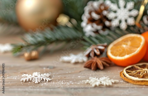 Gold Christmas Ornaments With Snow and Pine