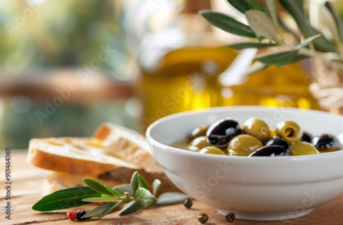Green and Black Olives in White Bowl