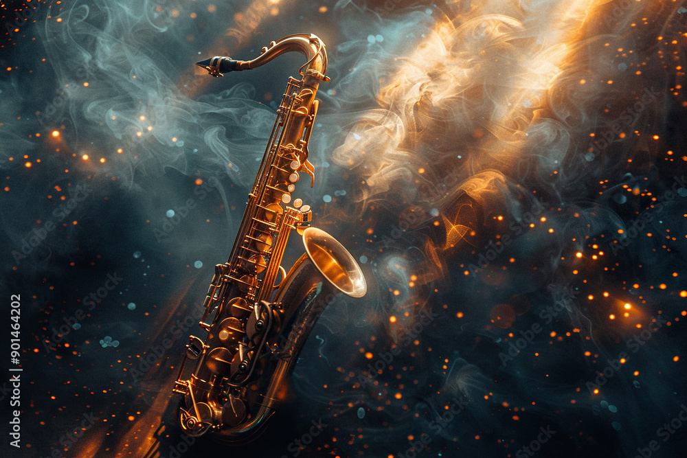 Obraz premium Saxophone solo on a dark stage in bright rays with gold dust. Music and sound concept. Generated by artificial intelligence