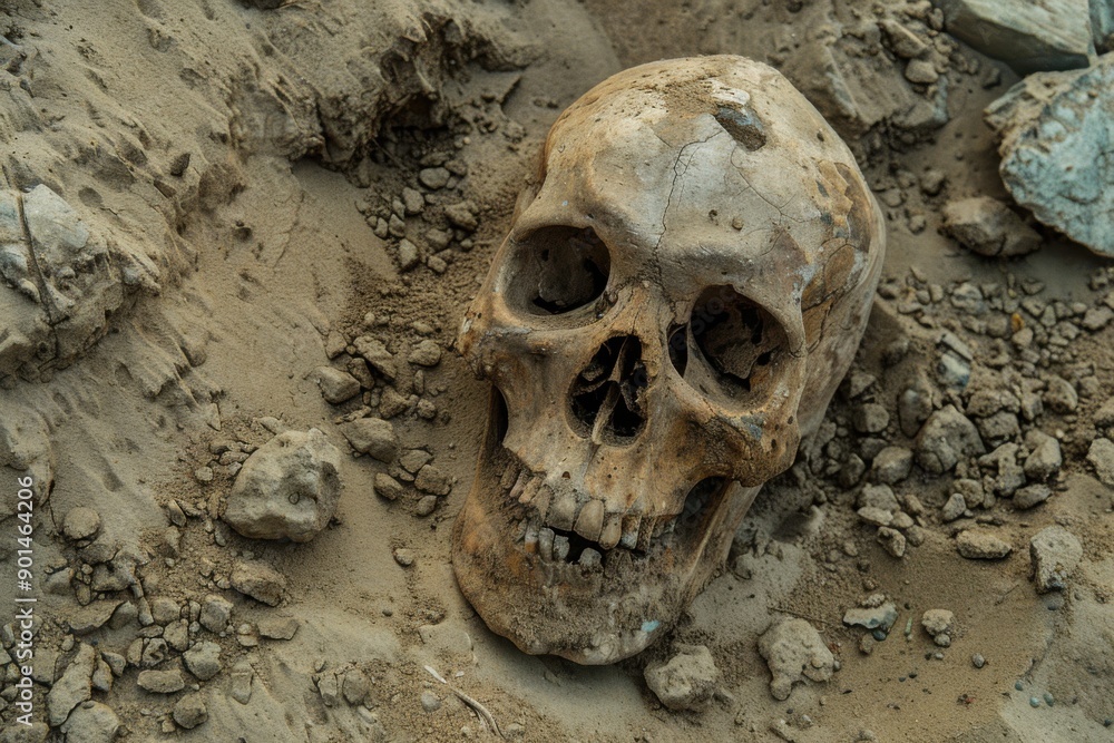 Human Bones Excavation. Rest of Human Skeleton and Skull unearthed from Sand Human Bones Excavation. Rest of Human Skeleton and Skull unearthed from Sand