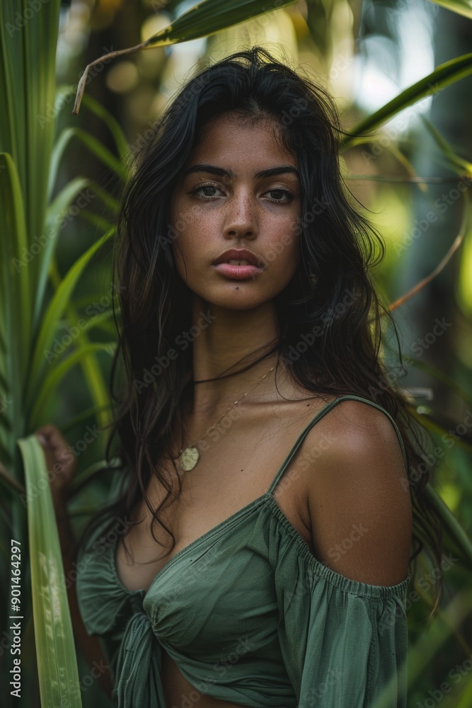 A woman with long dark hair is wearing a green dress and standing in a jungle A woman with long dark hair is wearing a green dress and standing in a jungle