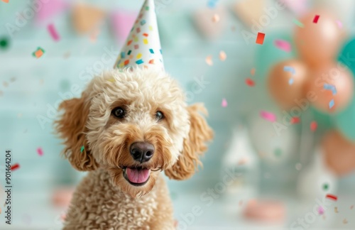 Happy Dog in Party Hat With Confetti