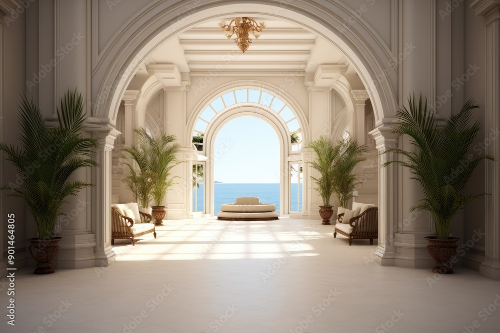 Fototapeta premium Spectacular Interior Design of a Luxurious Mansion Overlooking the Ocean at Golden Hour