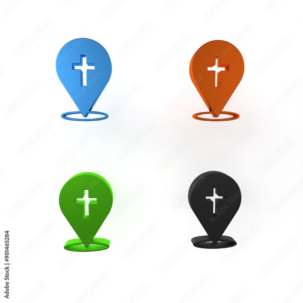 Colorful Map pin church building icon isolated on white background. Christian Church. Religion of church. Minimalism concept. 3D render illustration Colorful Map pin church building icon isolated on white background. Christian Church. Religion of church. Minimalism concept. 3D render illustration