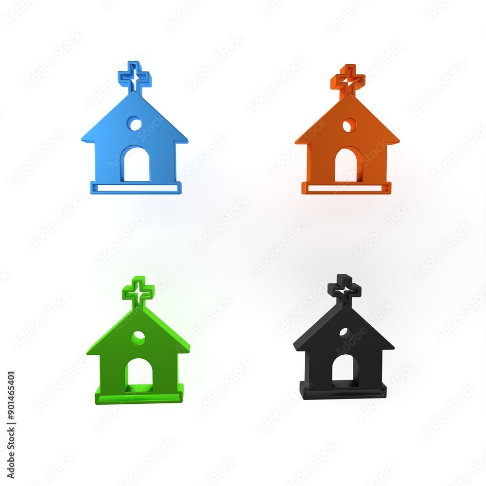 Colorful Church building icon isolated on white background. Christian Church. Religion of church. Minimalism concept. 3D render illustration Colorful Church building icon isolated on white background. Christian Church. Religion of church. Minimalism concept. 3D render illustration