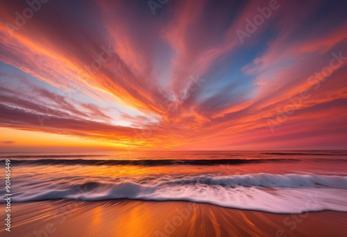 serene sunset casting warm hues over calm ocean waves gentle ripples reflective waters, sea, horizon, sky, colors, clouds, evening, dusk, light, glow © Yaraslava