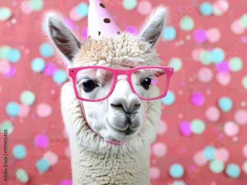 Alpaca Wearing Party Hat And Glasses
