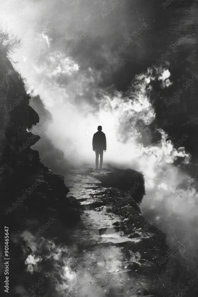 Fototapeta premium A man is walking down a path in the woods