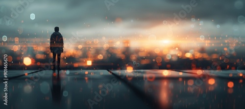 Man Looking Out Over Cityscape at Night