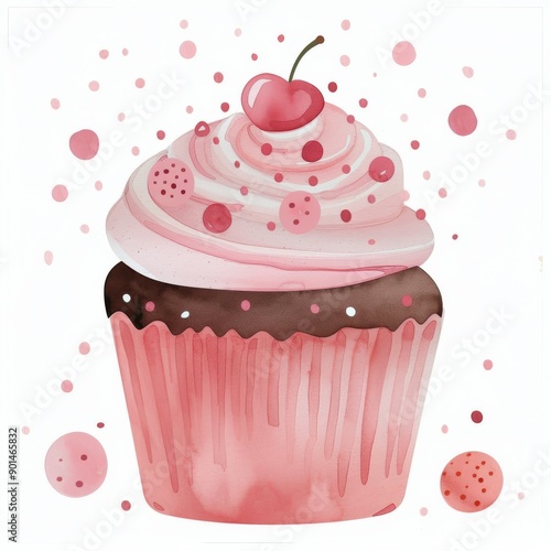 Pink Cherry Cupcake Watercolor Illustration