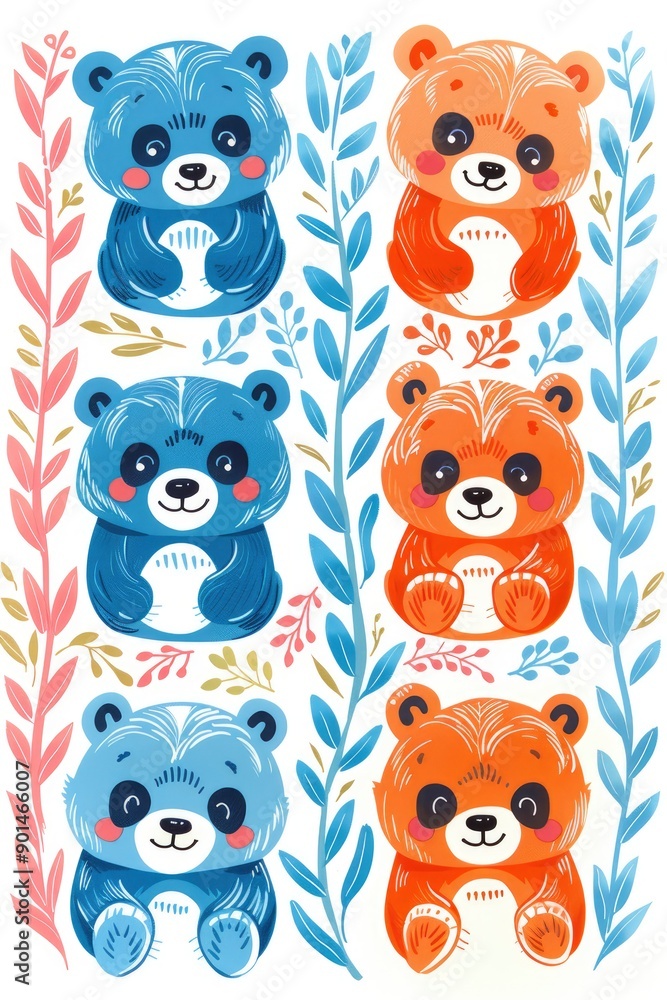 Cute Panda Bears with Floral Background Cute Panda Bears with Floral Background