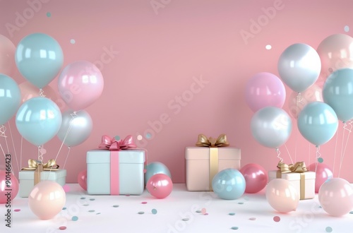 Balloons and Gifts on a Light Blue Background