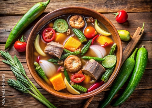 Vibrant Filipino sinigang dish filled with sour broth, assorted vegetables, and protein, artistically arranged on a distressed wooden background, evoking a sense of cultural heritage. photo