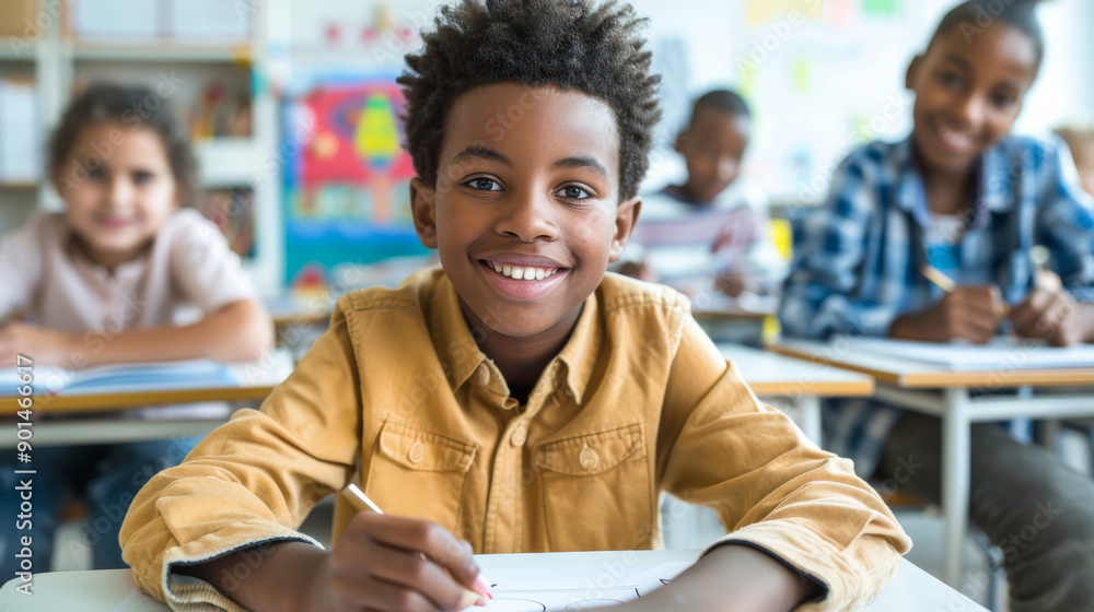 Young boy in a classroom, smiling brightly while holding a pencil. The lively and colorful classroom environment reflects his enthusiasm for learning and education. Young boy in a classroom, smiling brightly while holding a pencil. The lively and colorful classroom environment reflects his enthusiasm for learning and education.