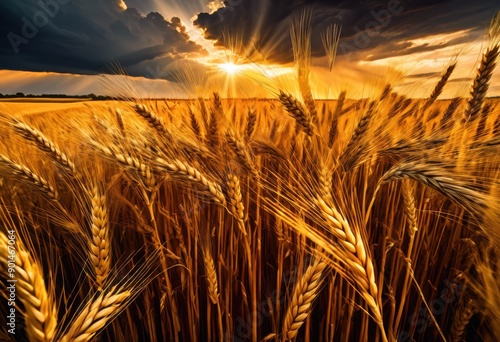 serene golden wheat fields stretching under dramatic stormy sky dark clouds hints sunlight, nature, landscape, agriculture, countryside, cloudy, overcast photo