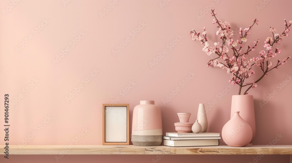 The shelf unit showcases decorative books, vases, and a floral arrangement, enhancing the soft pastel ambiance of the room. Generative AI The shelf unit showcases decorative books, vases, and a floral arrangement, enhancing the soft pastel ambiance of the room. Generative AI