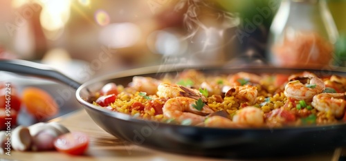 Shrimp Paella in Skillet With Herbs