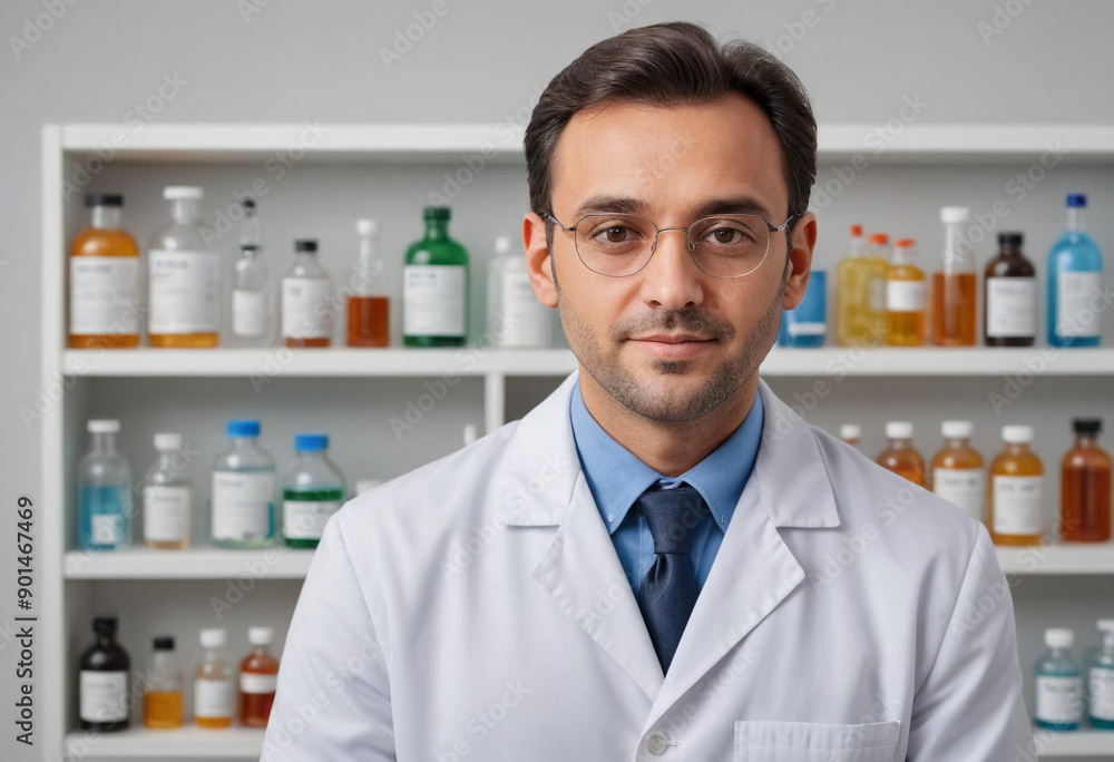 Portrait view of a regular Chemist , candid, social media, avatar image, plain solid background Portrait view of a regular Chemist , candid, social media, avatar image, plain solid background