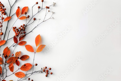 Red Berries and Autumn Leaves on White Background