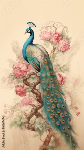 Wallpaper on peacock drawing animal sketch.