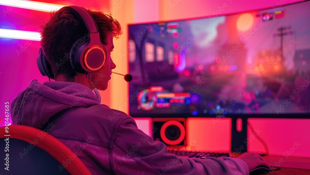 Engaging Gamer Concentrating on Multiple Monitors in a Vibrant Red Background Engaging Gamer Concentrating on Multiple Monitors in a Vibrant Red Background