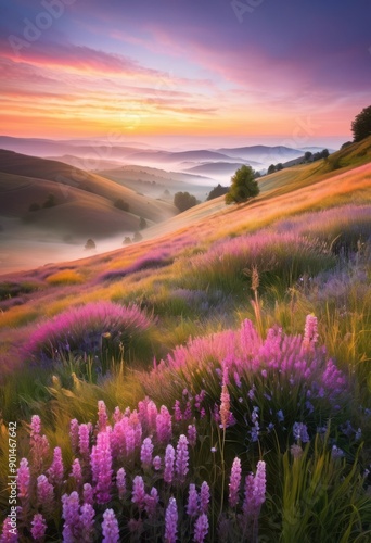 serene sunrise illumines tranquil hillside gentle light soft colors, dawn, morning, daylight, sunlight, landscape, view, scene, sky, nature, glow photo