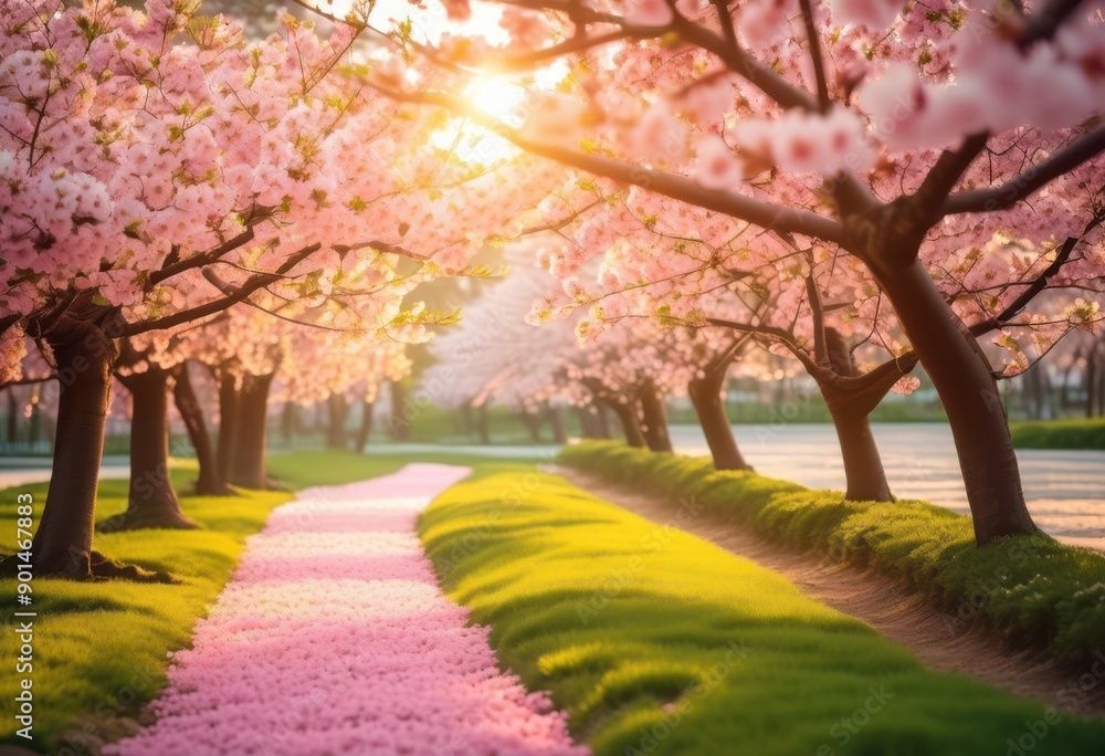 Naklejka premium scenic cherry blossoms park blooming trees gentle petals vibrant spring atmosphere, pink, flowers, landscape, nature, scenery, outdoors, greenery, branches