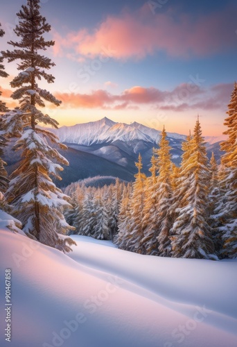 snowy mountain peak dawn soft pastel colors clear sky capturing serene natural beauty, scenic, landscape, majestic, frost, sunrise, horizon, glow, alpine