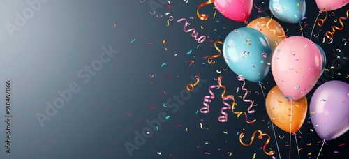 Colorful Balloons and Confetti on Black Background