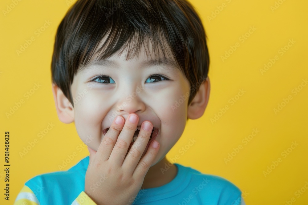 口に手をあてて喜んでいる幸せそうな日本人の男の子(キッズモデル・嬉しい・楽しい) 口に手をあてて喜んでいる幸せそうな日本人の男の子(キッズモデル・嬉しい・楽しい)