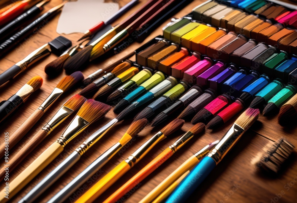 Fototapeta premium vibrant collection digital art tools arranged wooden desk various accessories, colorful, drawing, painting, supplies, pencils, brushes, markers, sketching