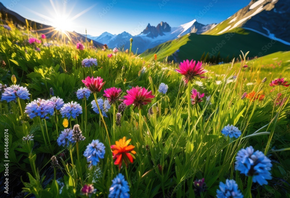 Fototapeta premium vibrant alpine meadow blooming wildflowers under clear sky surrounded majestic mountains background, nature, landscape, beauty, colorful, flora, outdoors