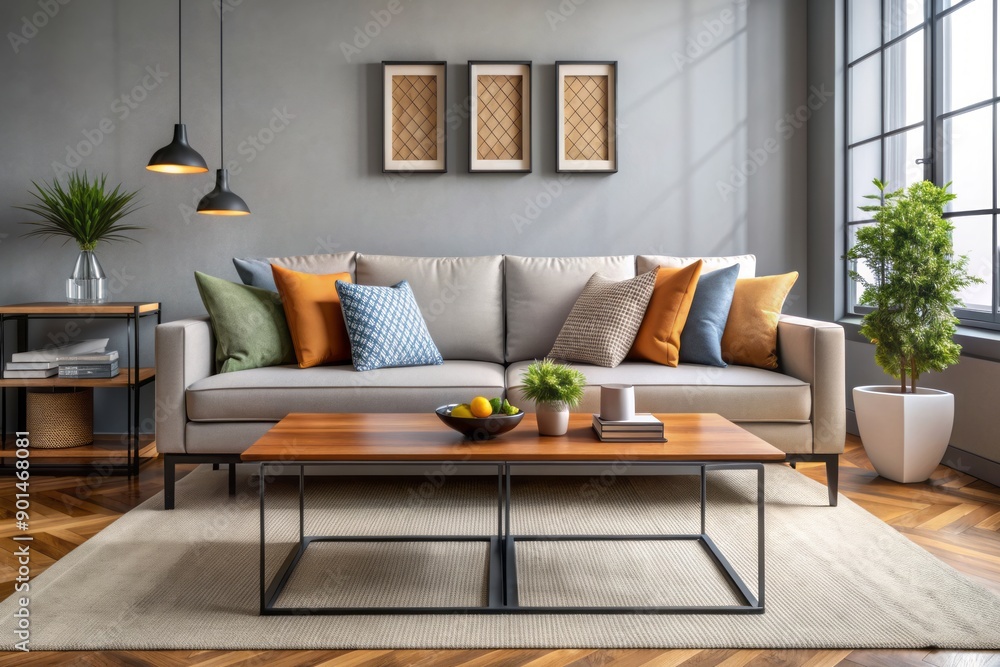 Fototapeta premium Modern living room interior featuring sleek sofa, industrial-style coffee table, vibrant throw pillows, and minimalist decor elements arranged in harmonious balance.
