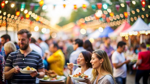 Audience Enjoying a Food Festival - People sampling food at a festival with a vibrant, blurred backdrop of food stalls and decorations. 