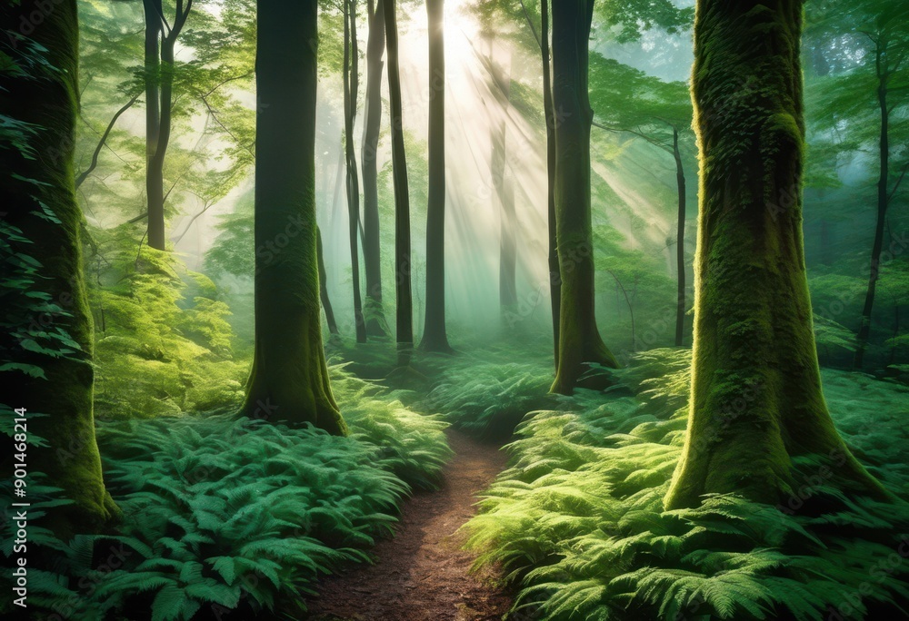 Fototapeta premium emerald forest covered lush greenery beneath misty fog dawn soft sunlight filtering through, trees, canopy, shadows, leaves, branches, foliage, undergrowth