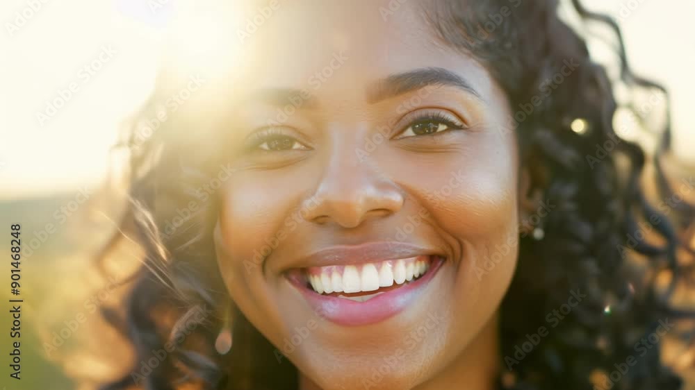 A woman with curly hair is smiling and has her mouth open. She has a bright, happy expression on her face A woman with curly hair is smiling and has her mouth open. She has a bright, happy expression on her face