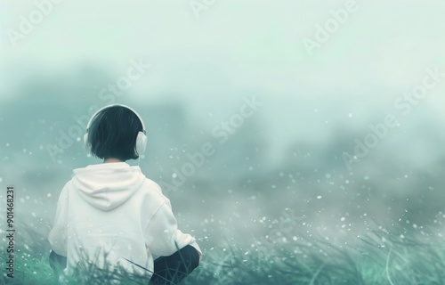 Woman Listening to Music in Foggy Field