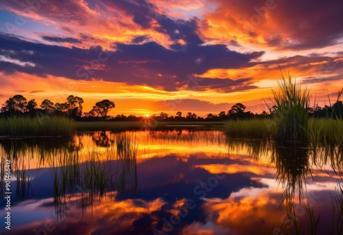 serene sunset over calm wetland golden light reflecting water silhouetted trees, reflection, sky, cloud, nature, landscape, horizon, dusk, twilight, scenic © Yaraslava