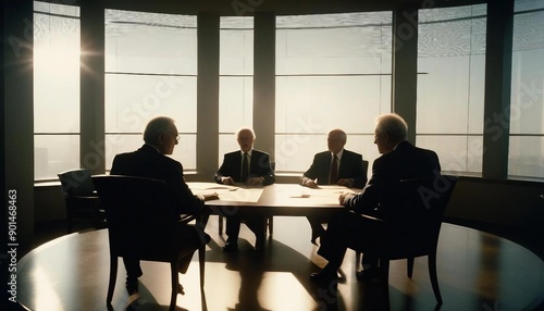 silhouette of senior executives meeting at the table in front of the window. © abu