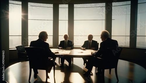 silhouette of senior executives meeting at the table in front of the window.