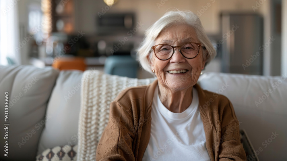 Happy elderly woman sitting on a couch, smiling warmly in a cozy living room. Happy elderly woman sitting on a couch, smiling warmly in a cozy living room.