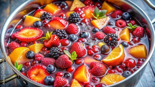 Vibrant fruit mixture bubbles and steams in a large pot as sugar and pectin dissolve, creating a sweet and tangy jam-making process. photo