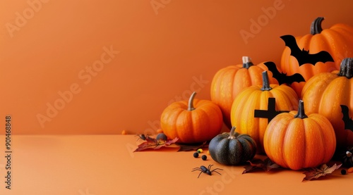 Halloween Pumpkins and Bats on Orange Background