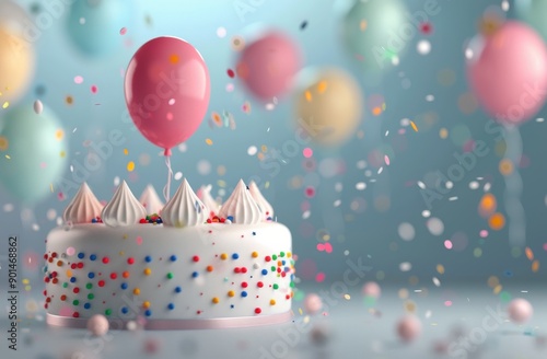 Birthday Cake With Balloons and Confetti